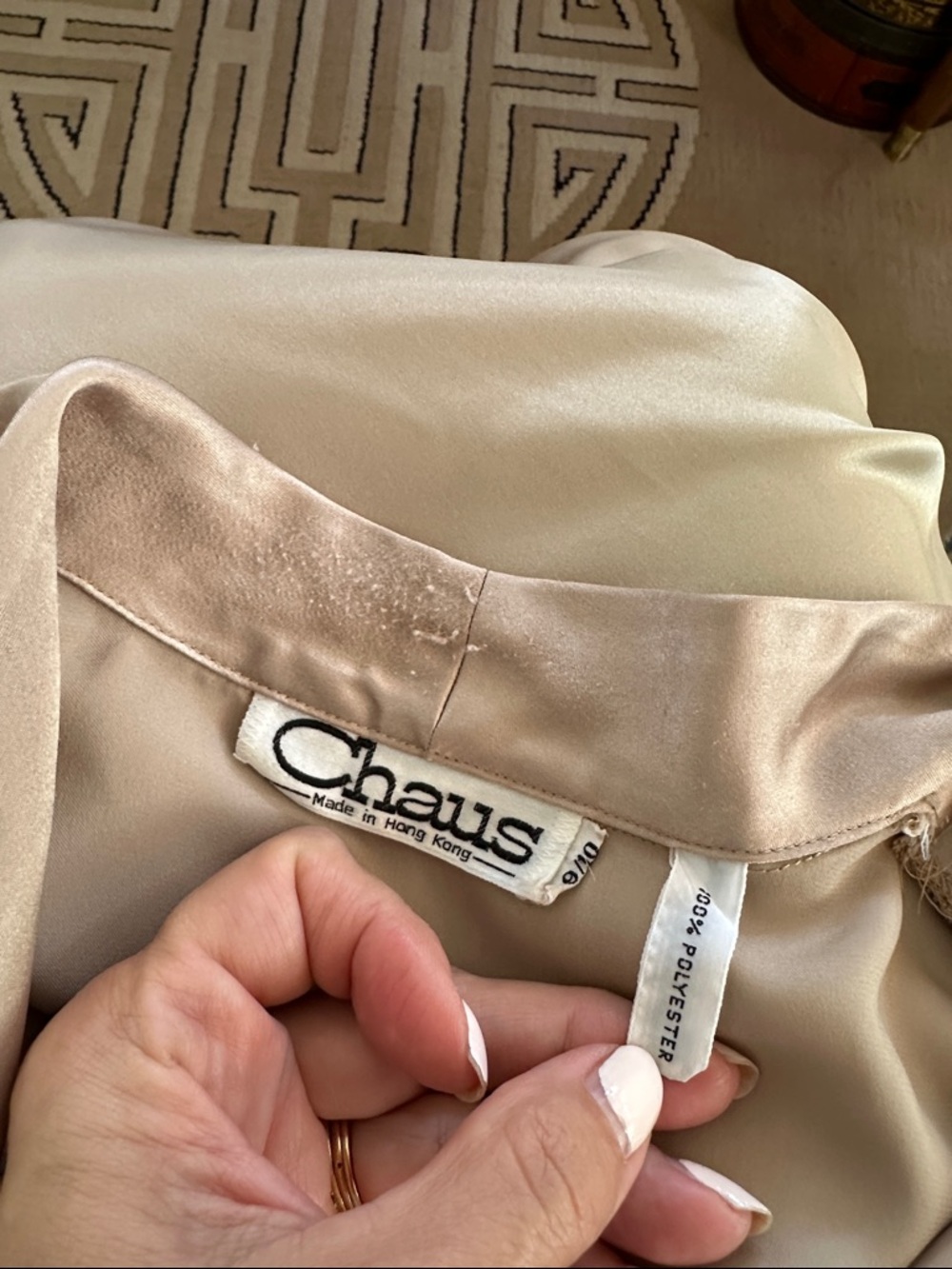 Vintage‎ 70s/80s Chaus Satin Taupe Button-Front Blouse with Pleated Neck - Picture 8 of 9